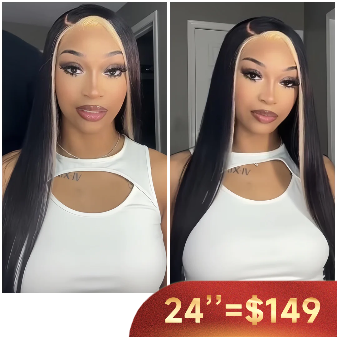 Highlight Blonde Skunk Stripe Straight Wig Human Hair Lace Front Platinum Blonde Lace Front Wigs Human Hair for Black Women Ombre Colored