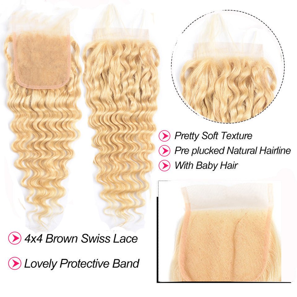 Vanlov Hair-Vanlov Hair 613 Blonde Deep Wave 4 Bundles With Closure Virgin Human Hair